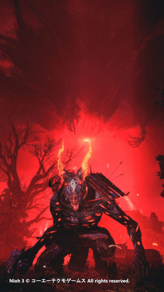 Nioh 3 key visual showing a samurai facing a supernatural yokai in Sengoku-era Japan