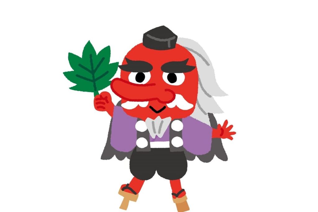 tengu yokai with red face long nose and mountain monk clothing