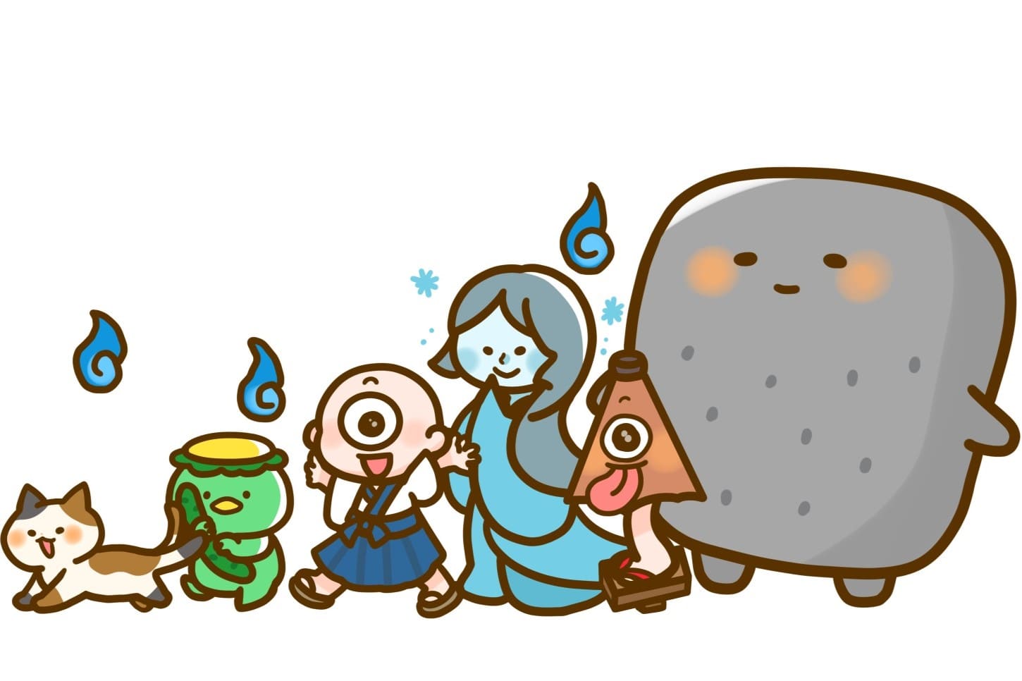 illustration of famous yokai from Japanese folklore including kappa tengu and oni