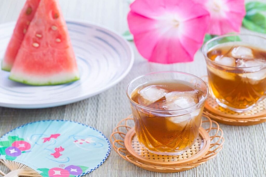 Japanese summer table with Barley tea, Asagao, Watermelon, Uchiwa