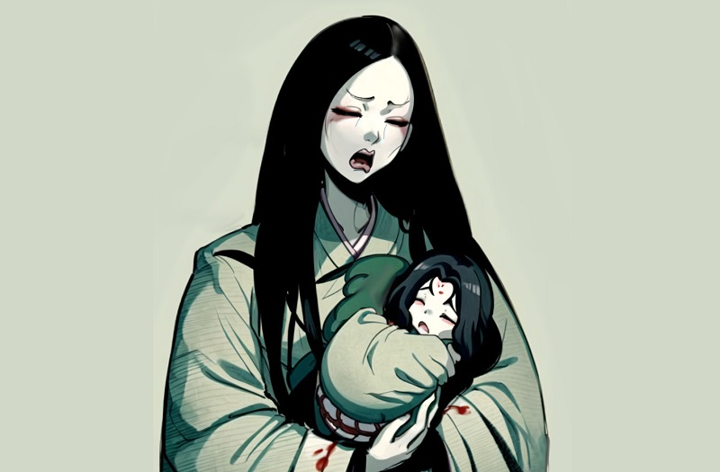 ubume ghost mother carrying a baby in Japanese folklore