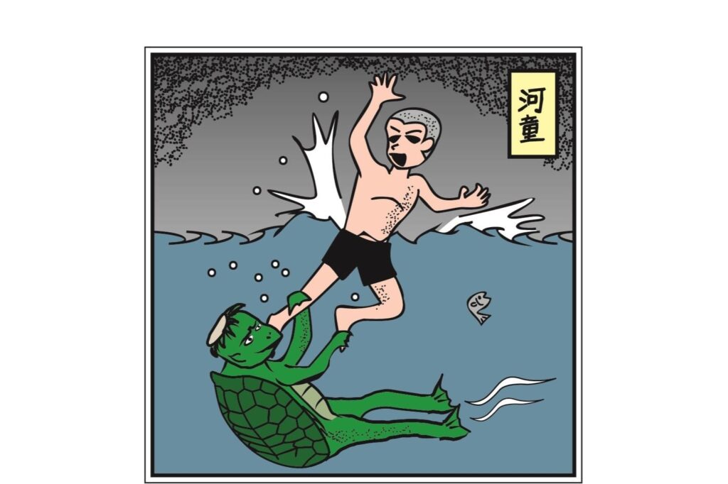 Kappa pulling human's leg in the river